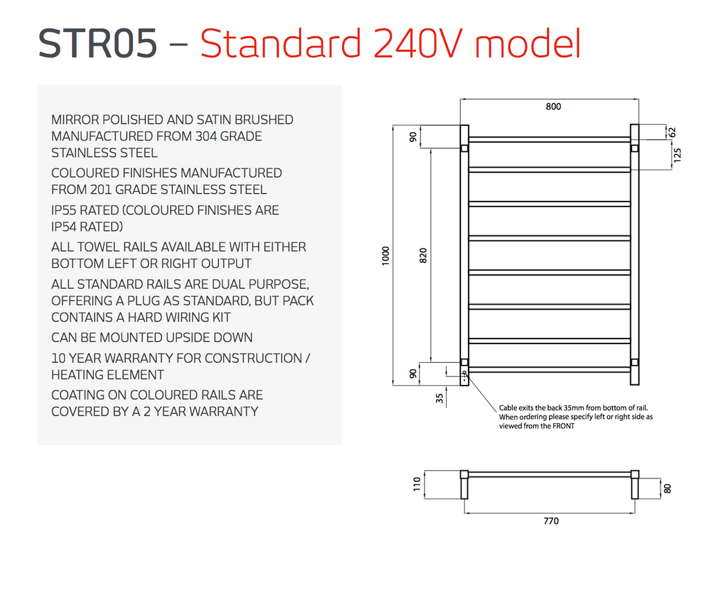 Radiant Heating Square Bars 240V Heated Towel Rails Polished 800 x 1000