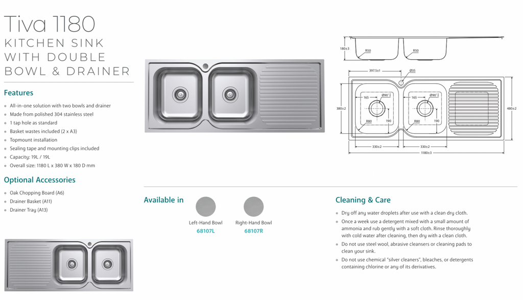 Fienza Tiva 1180 Double Kitchen Sink with Drainer