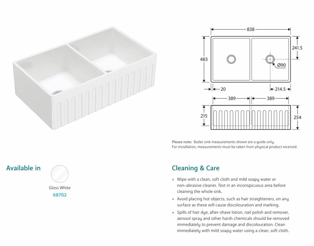 Fienza Charlton Double Butler Sink Gloss White