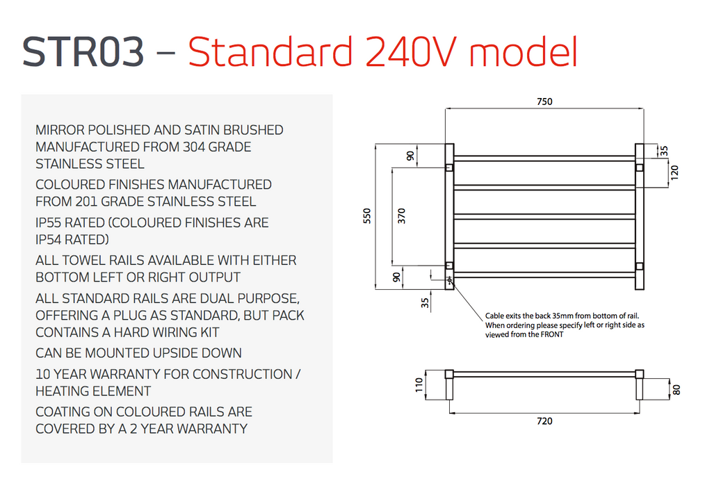 Radiant Heating Square Bars 240V Heated Towel Rails Polished 750 x 550
