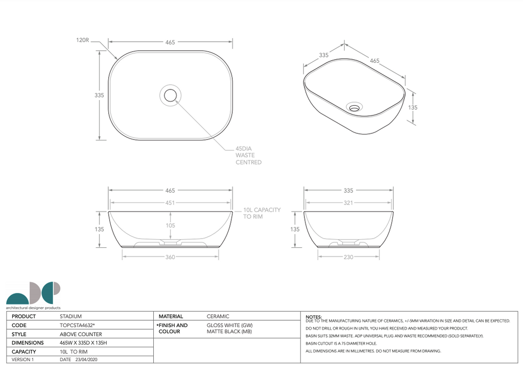 ADP Stadium Above Counter Basin - Matte Black