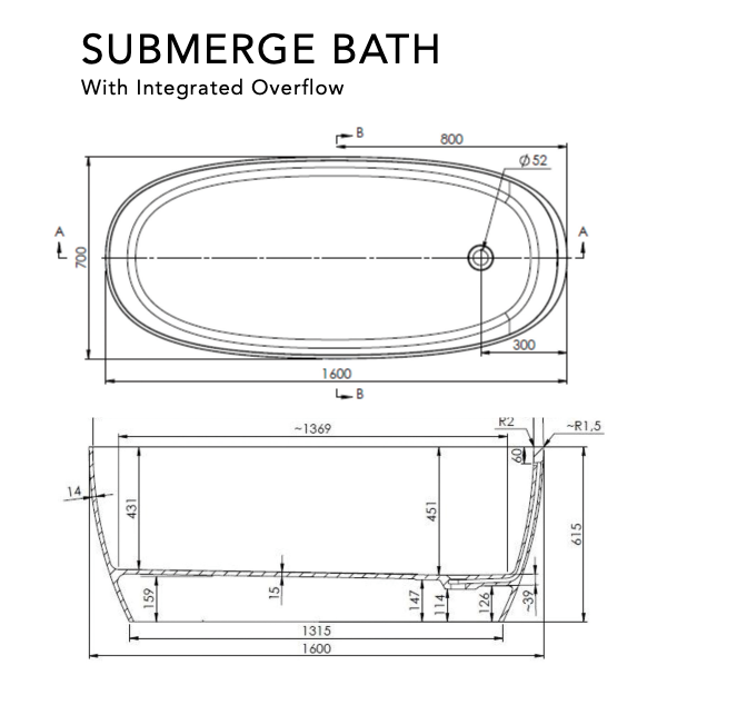 ADP Submerge Freestanding Bath 1600mm - Gloss White - Wellsons