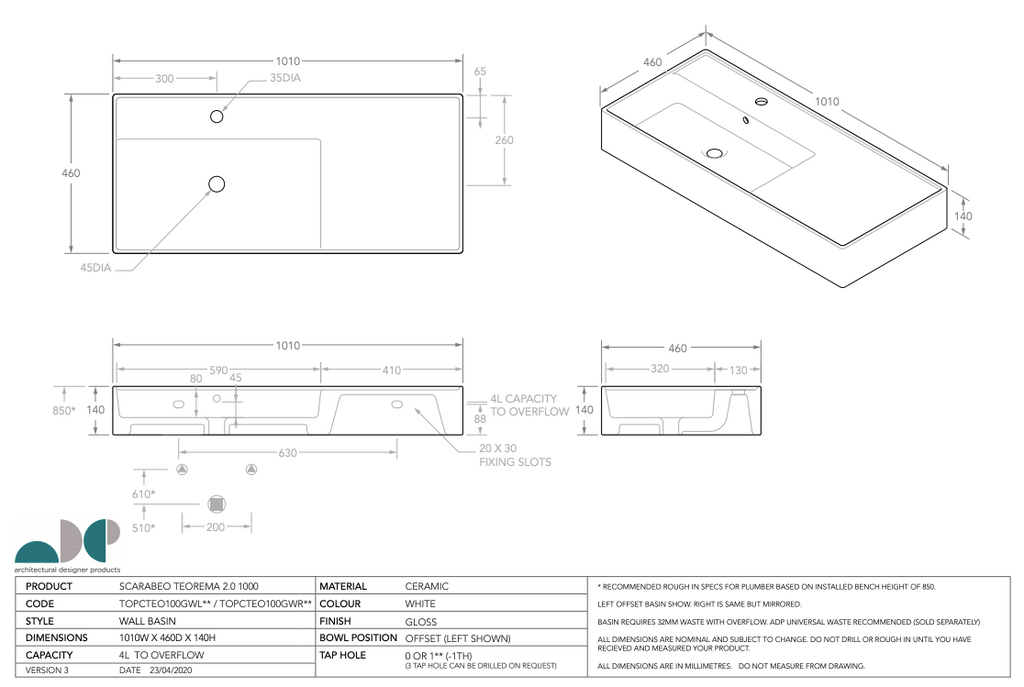 ADP Teorema Wall Center Hand Basin 1000mm - Gloss White