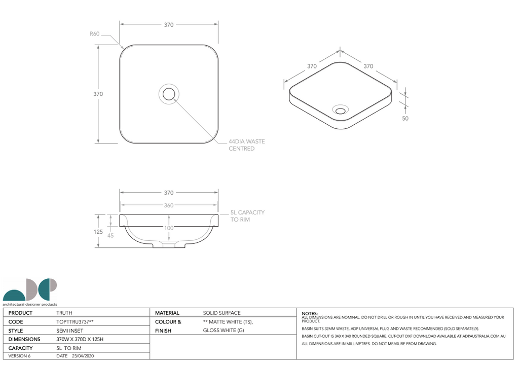 ADP Truth Semi Inset Basin - Matte White - Wellsons
