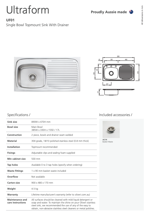 Oliveri Ultraform Single Bowl Sink With Drainer