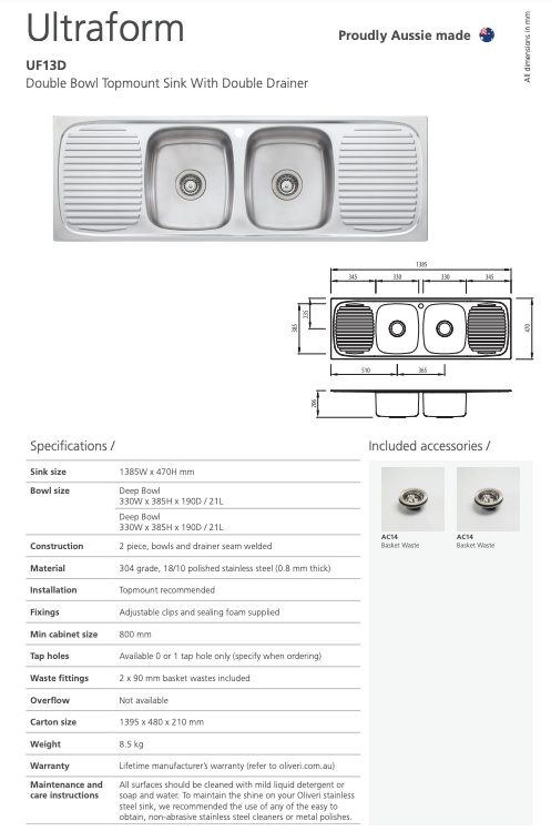 Oliveri Ultraform Double Bowl Sink With Double Drainer