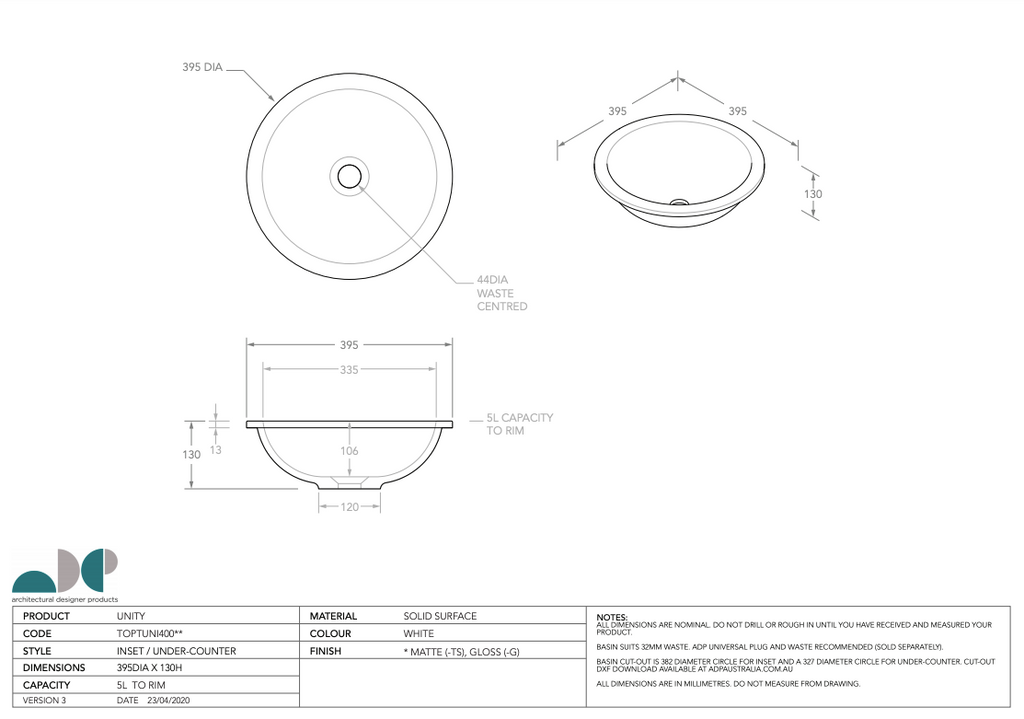 ADP Unity Solid Surface Inset Basin - Matte White - Wellsons