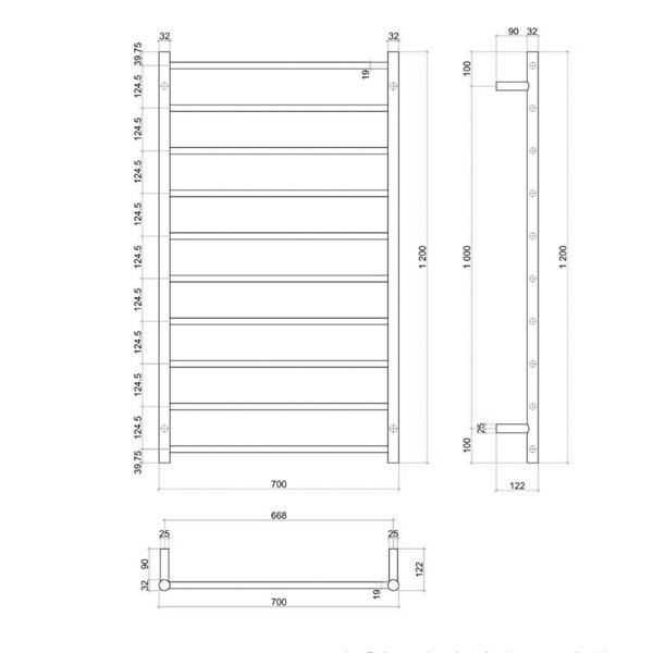 Thermogroup 10 Bar Straight Round Ladder Heated Towel Rail - Brushed Stainless Steel - Wellsons
