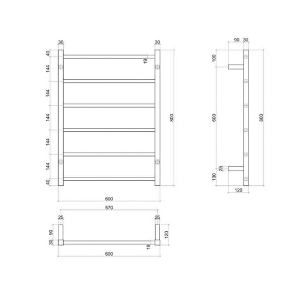 Thermogroup 6 Bar Square Ladder Heated Towel Rail - Matte Black - Wellsons