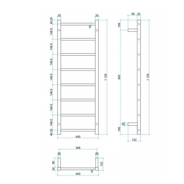 Thermogroup 8 Bar Straight Round Ladder Heated Towel Rail - Stainless Steel - Wellsons