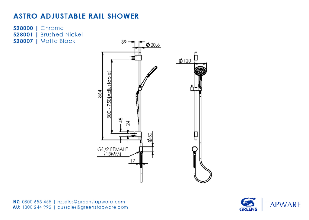 Greens Astro Adjustable Rail Shower - Brushed Nickel - Wellsons