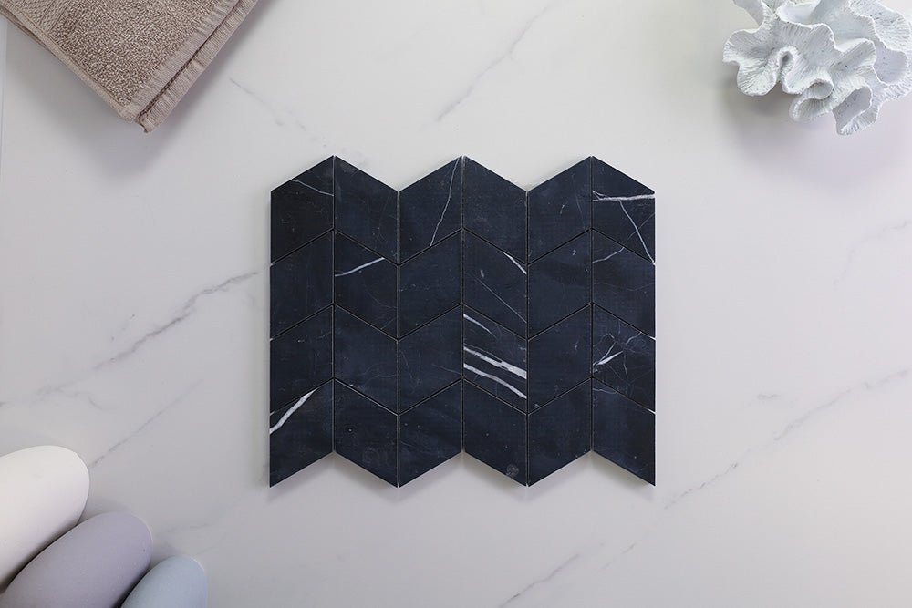 Deca Black Honed Chevron Tile