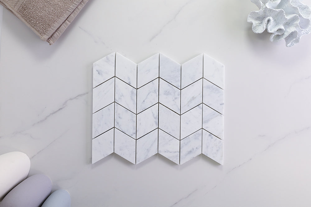 Deca White Carrara Honed Chevron Tile
