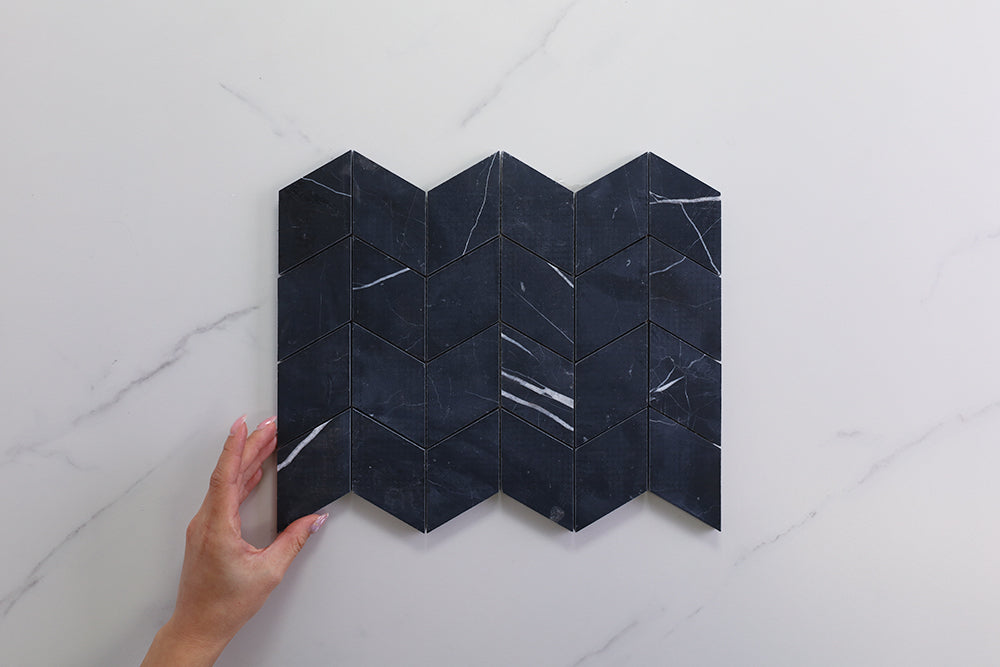 Deca Black Honed Chevron Tile