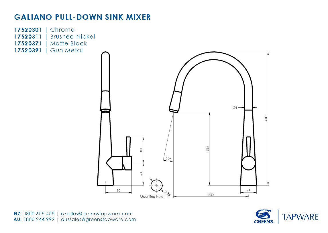 Greens Galiano Pull Down Sink Mixer Matte Black Wellsons
