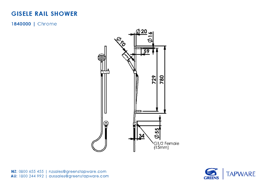 Greens Gisele Rail Shower - Chrome - Wellsons