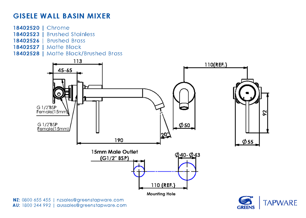 Greens Gisele Wall Basin Mixer - Chrome - Wellsons