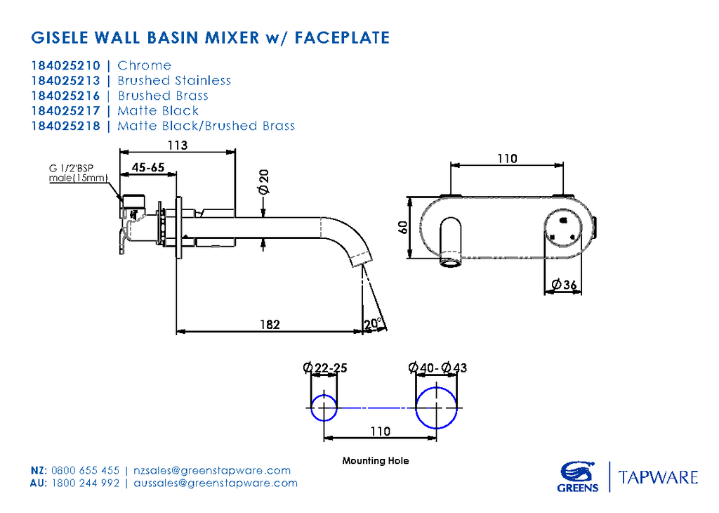 Greens Gisele Wall Basin Mixer w/ Faceplate - Brushed Stainless - Wellsons