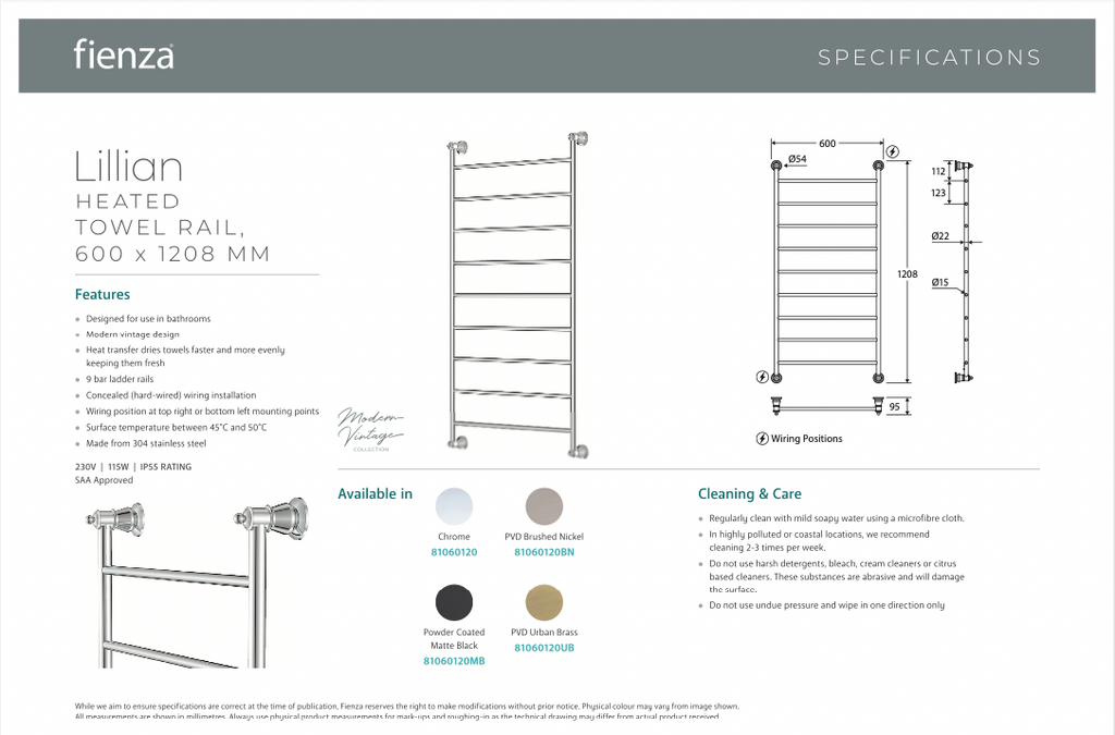 Fienza Lillian Heated Towel Rail - Matte Black