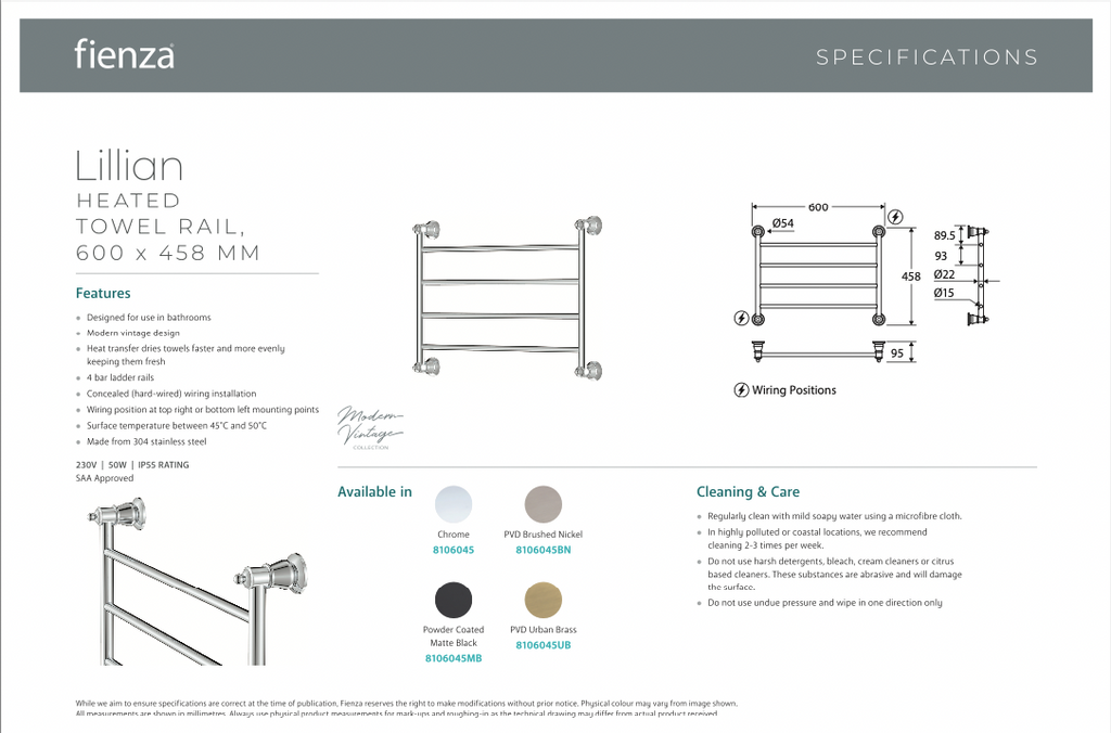 Fienza Lillian Heated Towel Rail - Matte Black
