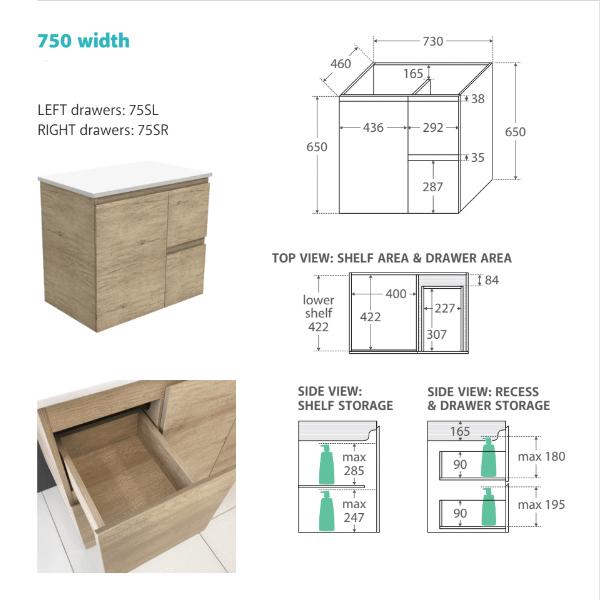 Fienza Vanessa Edge Wall Hung Vanity 600mm - 1500mm - Scandi Oak - Wellsons