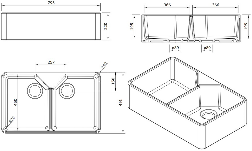 Turner Hastings Chester 80x50 NTH Double Bowl Fireclay Sink - no overflow