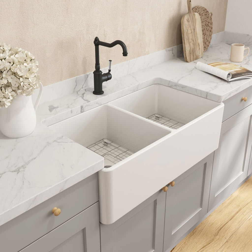 Turner Hastings Novi 85x46 Double Bowl Fireclay Butler Sink - Matte White