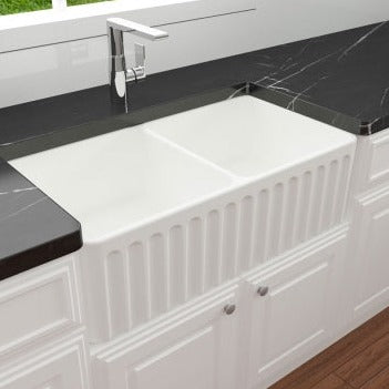 Turner Hastings Novi 85x46 Double Bowl Fireclay Butler Sink - Matte White