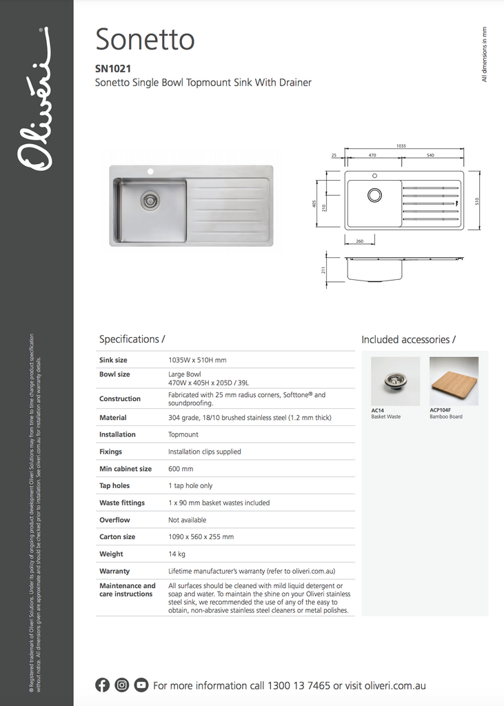 Oliveri Sonetto Single Bowl Topmount Sink With Drainer