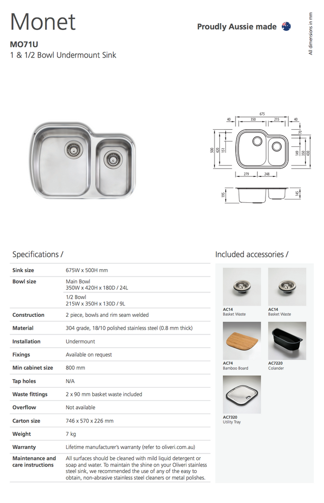 Oliveri Monet 1 & 1/2 Bowl Undermount Sink