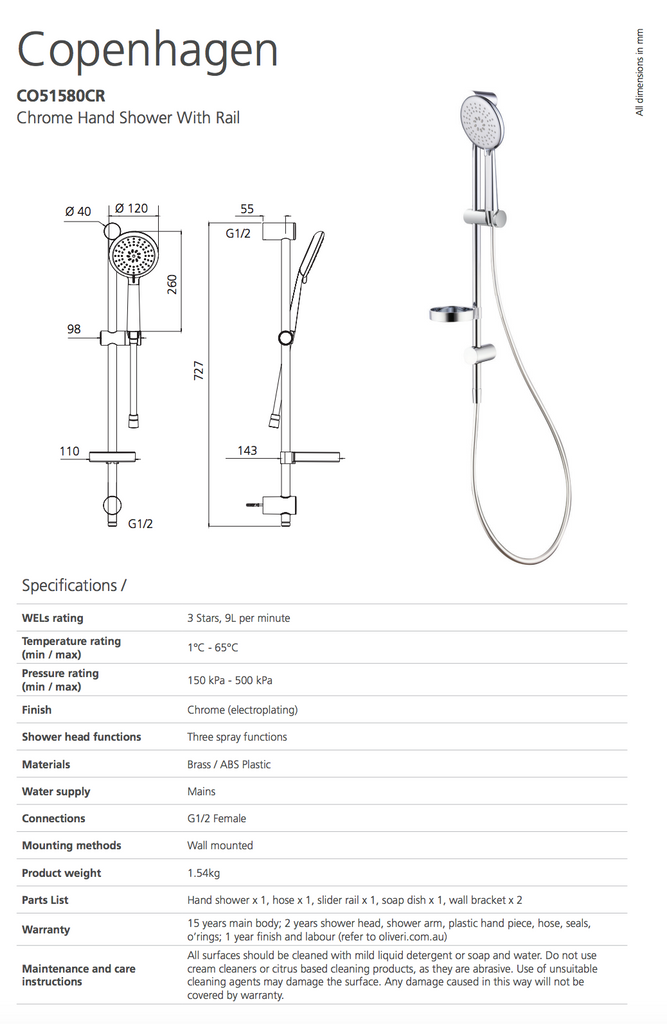 Oliveri Copenhagen Chrome Hand Shower With Rail