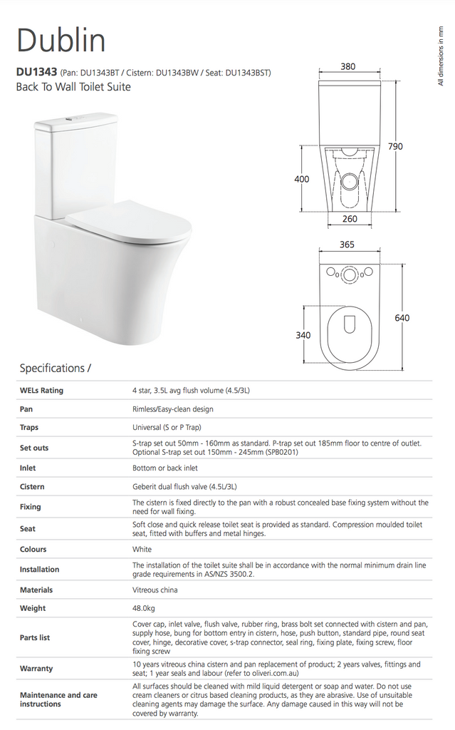 Oliveri Dublin Back To Wall Toilet Suite