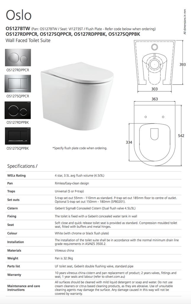 Oliveri Oslo Wall Faced Toilet Suite