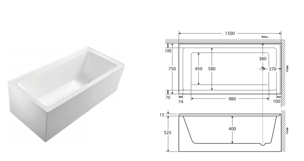 Fienza Sentor Acrylic Corner Bath 1500mm - Gloss White