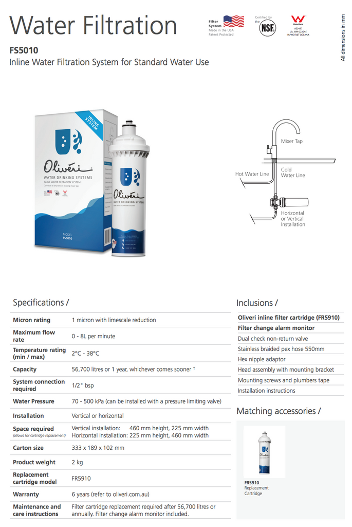 Oliveri Inline Water Filtration System for Standard Water Use