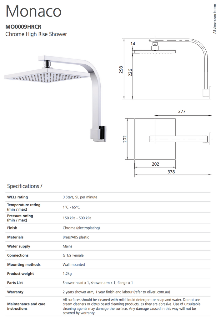 Oliveri Monaco Chrome High Rise Shower
