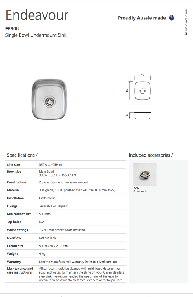 Oliveri Endeavour Standard Bowl Undermount Sink