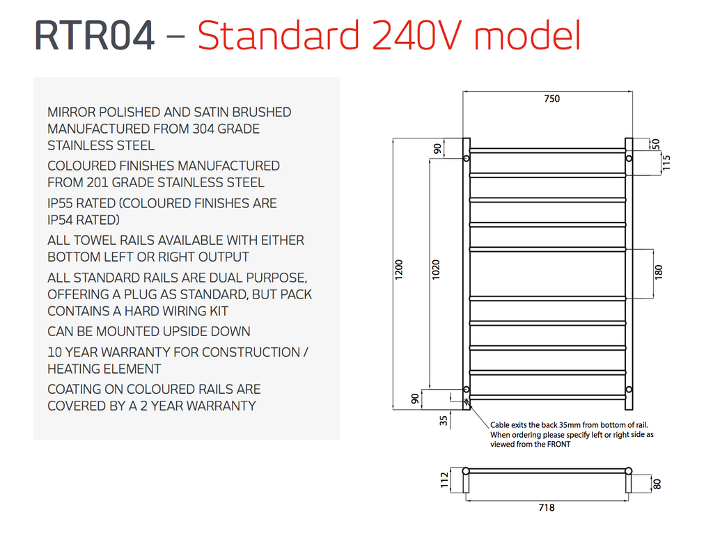 Radiant Heating Round Bars 240V Heated Towel Rails Matte Black 750 x 1200