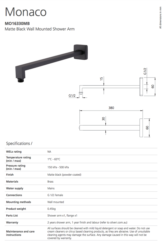 Oliveri Monaco Matte Black Wall Mounted Shower Arm