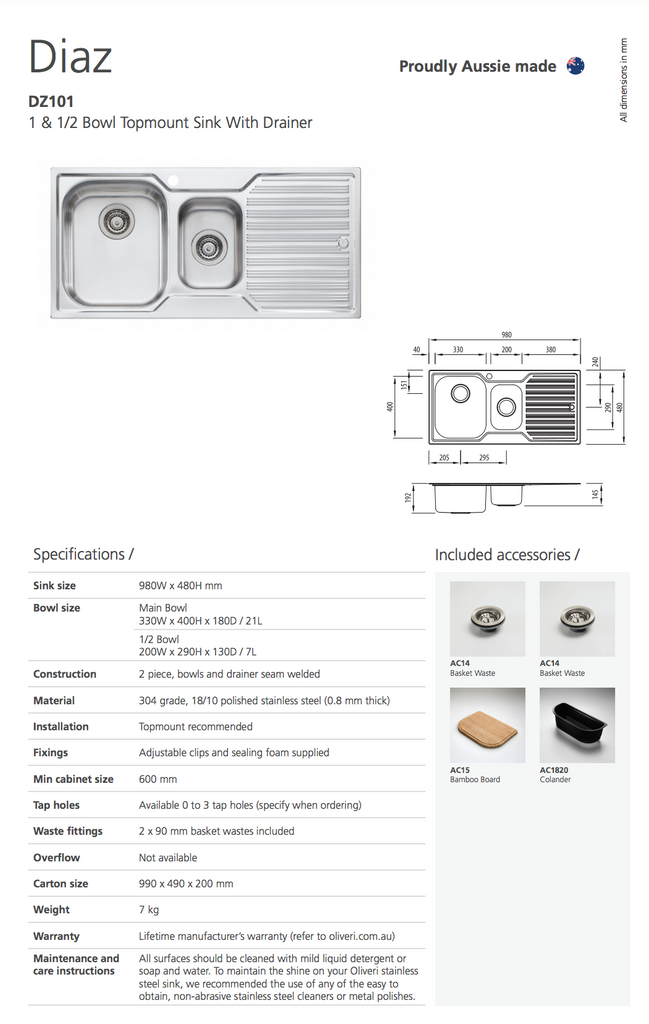 Oliveri Diaz 1 & 1/2 Bowl Sink With Drainer