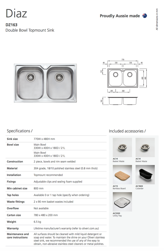 Oliveri Diaz Double Bowl Topmount Sink