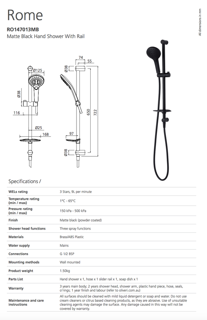 Oliveri Rome Matte Black Hand Shower With Rail