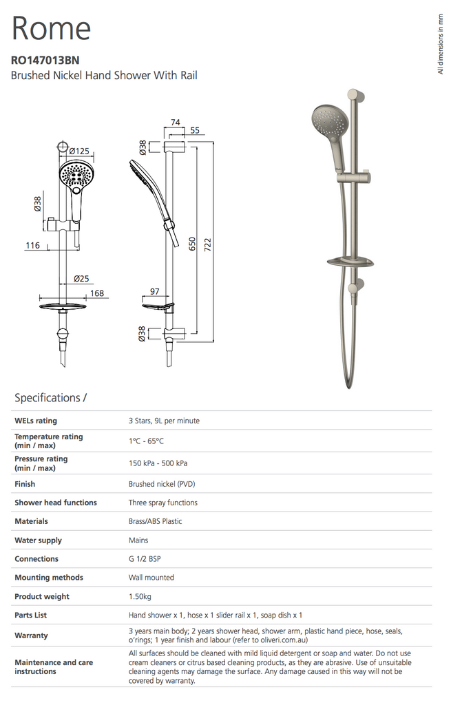 Oliveri Rome Brushed Nickel Hand Shower With Rail