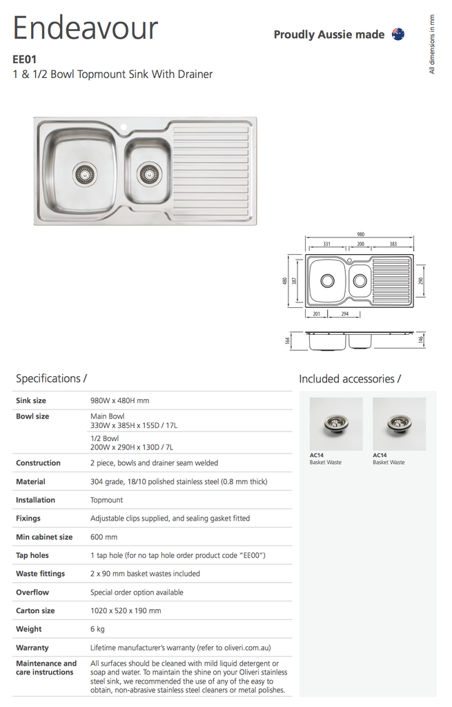 Oliveri Endeavour 1 & 1/2 Bowl Sink With Drainer