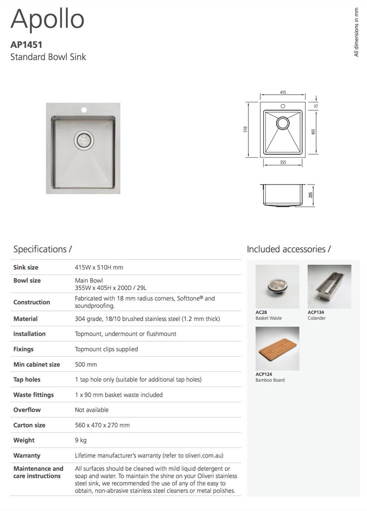Oliveri Apollo Single Bowl Sink