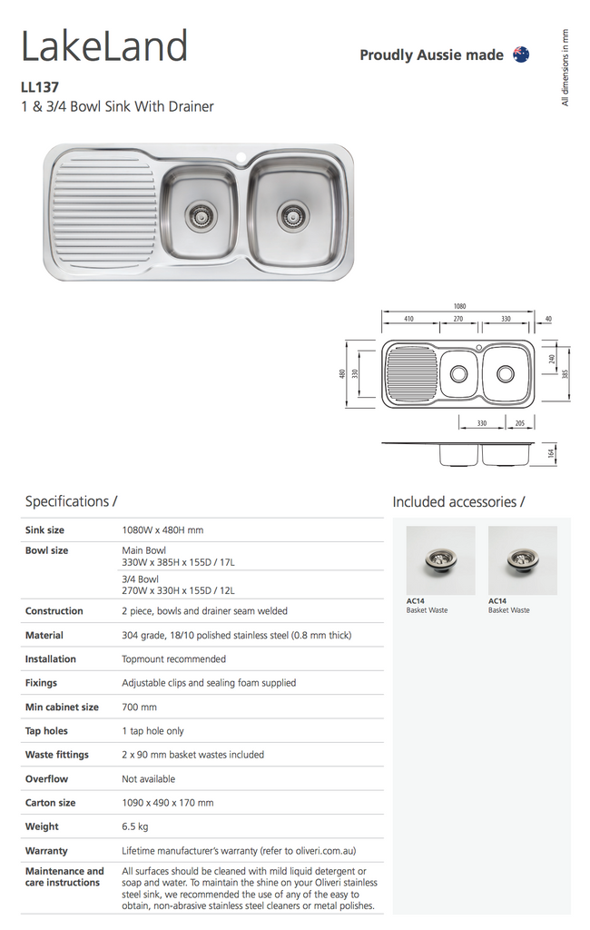 Oliveri Lakeland 1 & 3/4 Bowl Sink With Drainer