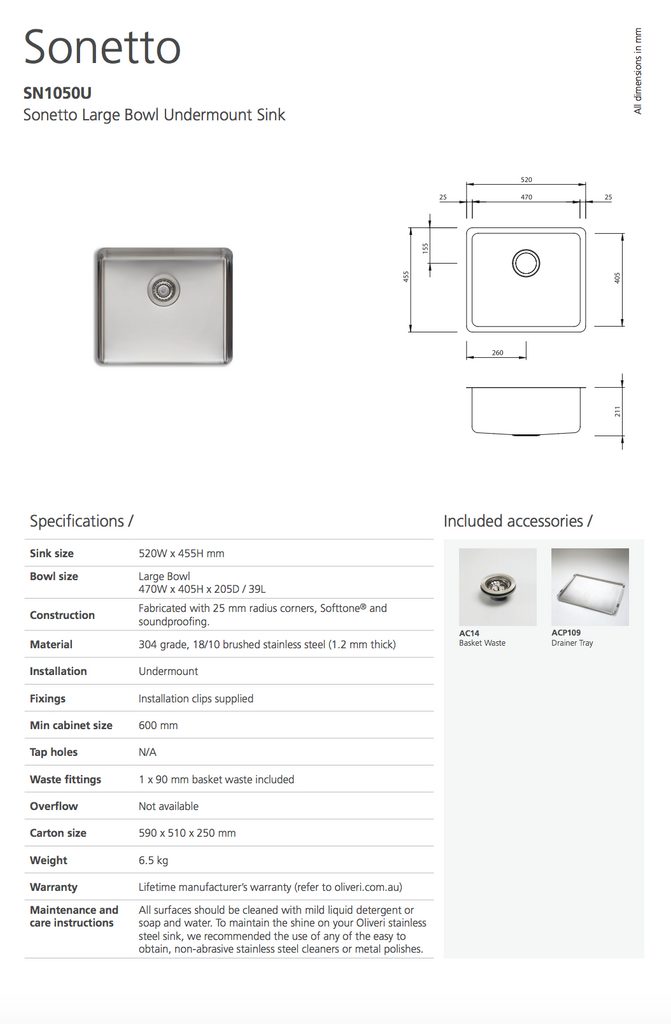 Oliveri Sonetto Large Bowl Undermount SInk & Standard Bowl Undermount Sink