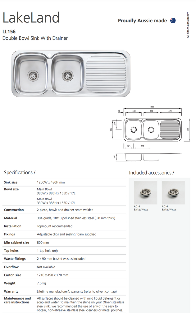 Oliveri Lakeland Double Bowl Sink With Drainer