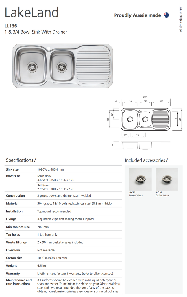 Oliveri Lakeland 1 & 3/4 Bowl Sink With Drainer