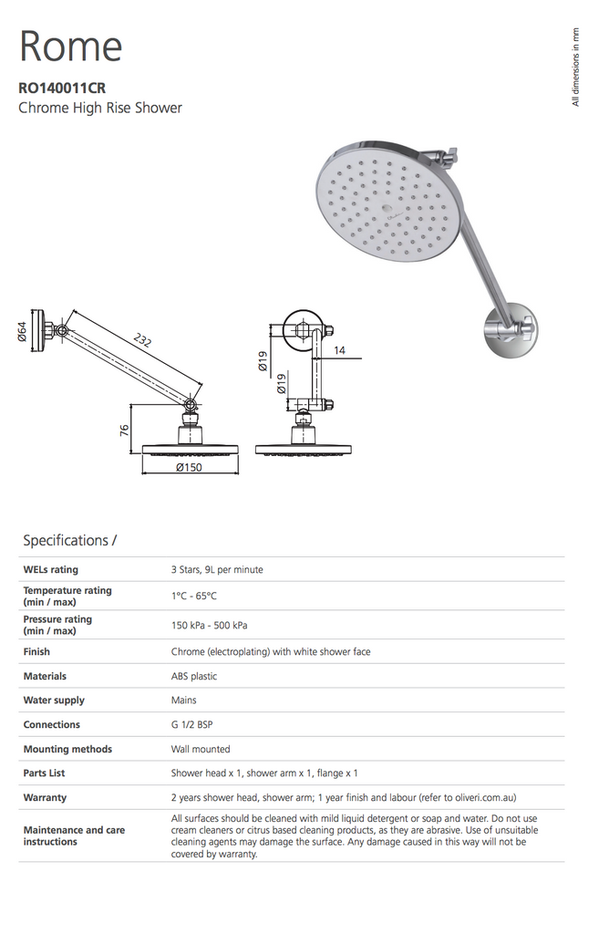 Oliveri Rome Chrome High Rise Shower